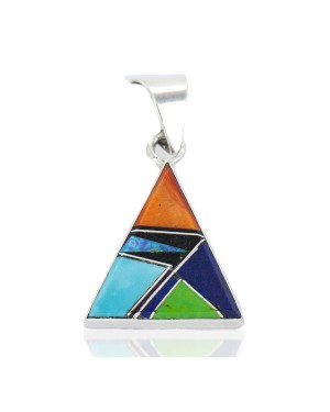 Navajo Triangle Certified Authentic .925 Sterling Silver Natural Multicolor Real Handmade Native American Inlaid Pendant 24491-8