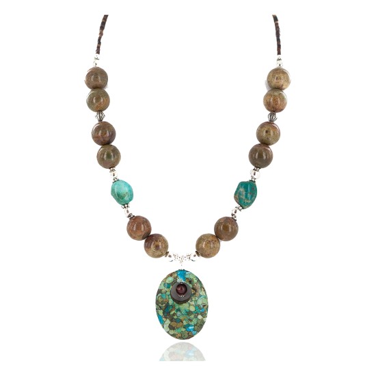 .925 Sterling Silver Certified Authentic Navajo Natural Turquoise Agate Native American Necklace 24514-6