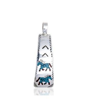 Horse .925 Starling Silver Certified Authentic Handmade Navajo Native American Natural Turquoise Coral Pendent  24541-2