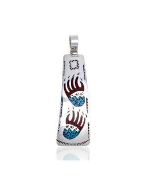 Bear Paw .925 Starling Silver Certified Authentic Handmade Navajo Native American Natural Turquoise Coral Pendent  24541-4
