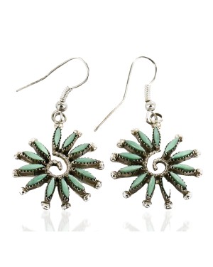 Certified Authentic Handmade Zuni Petit Point .925 Sterling Silver Dangle Native American Earrings Natural Turquoise 27119