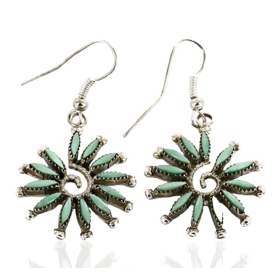 Certified Authentic Handmade Zuni Petit Point .925 Sterling Silver Dangle Native American Earrings Natural Turquoise 27119