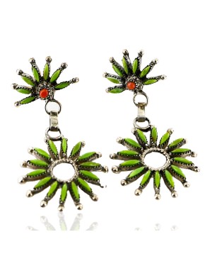 Handmade Certified Authentic Petit Point Zuni .925 Sterling Silver Gaspeite and Coral Native American Earrings 27123
