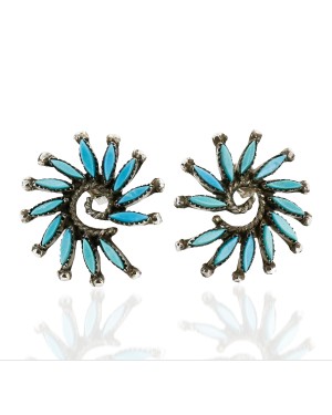 Certified Authentic Handmade Zuni Petit Point .925 Sterling Silver Stud Native American Earrings Natural Turquoise 27125