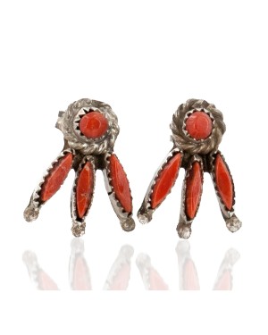 Handmade Certified Authentic Zuni .925 Sterling Silver Coral Stud Native American Earrings 27128