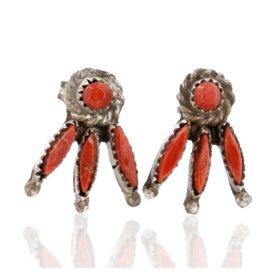 Handmade Certified Authentic Zuni .925 Sterling Silver Coral Stud Native American Earrings 27128