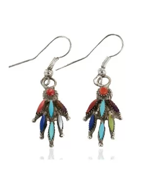 Handmade Zuni .925 Sterling Silver Natural Multicolor Dangle Native American Earrings 27137