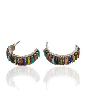 Handmade Certified Authentic Zuni .925 Sterling Silver Natural Multicolor Stud Native American Earrings 27138