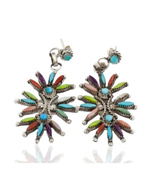 Handmade Certified Authentic Zuni .925 Sterling Silver Natural Multicolor Dangle Native American Earrings 27159