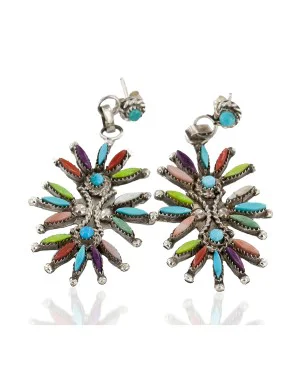 Handmade Zuni .925 Sterling Silver Natural Multicolor Dangle Native American Earrings 27159