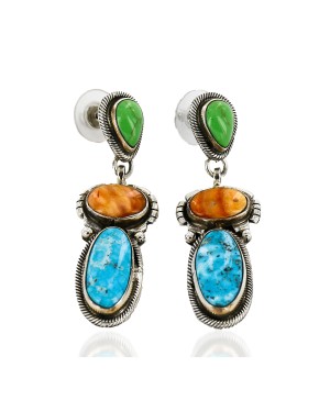 Certified Authentic Handmade Navajo .925 Sterling Silver Natural Turquoise Gaspeite Spiny Oyster Native American Dangle Earrings 27161-2