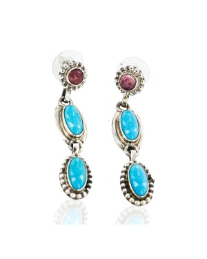 Certified Authentic Handmade Navajo .925 Sterling Silver Natural Turquoise Purple Spiny Oyster Native American Dangle Earrings 27162-4
