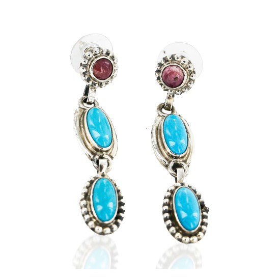 Certified Authentic Handmade Navajo .925 Sterling Silver Natural Turquoise Purple Spiny Oyster Native American Dangle Earrings 27162-4