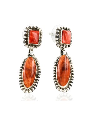 Certified Authentic Handmade Navajo .925 Sterling Silver Natural Spiny Oyster Native American Dangle Earrings  27163-1