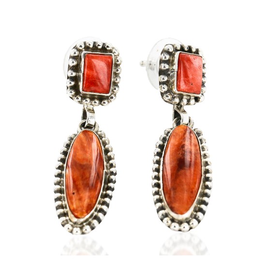 Certified Authentic Handmade Navajo .925 Sterling Silver Natural Spiny Oyster Native American Dangle Earrings  27163-1