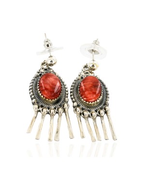 Certified Authentic Handmade Navajo .925 Sterling Silver Natural Spiny Oyster Native American Dangle Earrings 27163-3