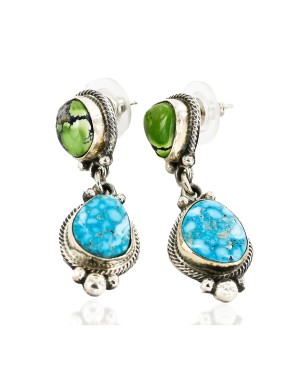 Certified Authentic Handmade Navajo .925 Sterling Silver Dangle Native American Earrings Natural Turquoise Gaspeite 27164