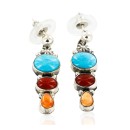Handmade Navajo .925 Sterling Silver Dangle Natural Turquoise Coral Spiny Oyster Native American Earrings 27165-1