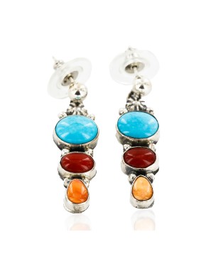 Certified Authentic Handmade Navajo .925 Sterling Silver Dangle Natural Turquoise Coral Spiny Oyster Native American Earrings 27165-1