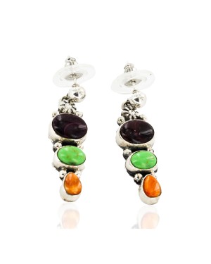 Certified Authentic Handmade Navajo .925 Sterling Silver Dangle Natural Sugilite Gaspeite Spiny Oyster Native American Earrings 27165-3