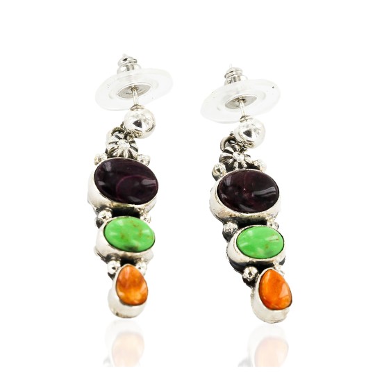 Certified Authentic Handmade Navajo .925 Sterling Silver Dangle Natural Sugilite Gaspeite Spiny Oyster Native American Earrings 27165-3