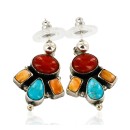 Handmade Navajo .925 Sterling Silver Natural Turquoise Coral Spiny Oyster Native American Dangle Earrings 27166-1