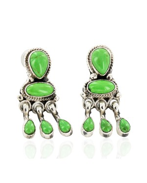 Certified Authentic Handmade Navajo .925 Sterling Silver Dangle Native American Earrings Natural Gaspeite 27166-4