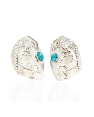 .925 Sterling Silver Handmade KOKOPELI Certified Authentic Navajo Natural Turquoise Stud Native American Earrings 27174-2