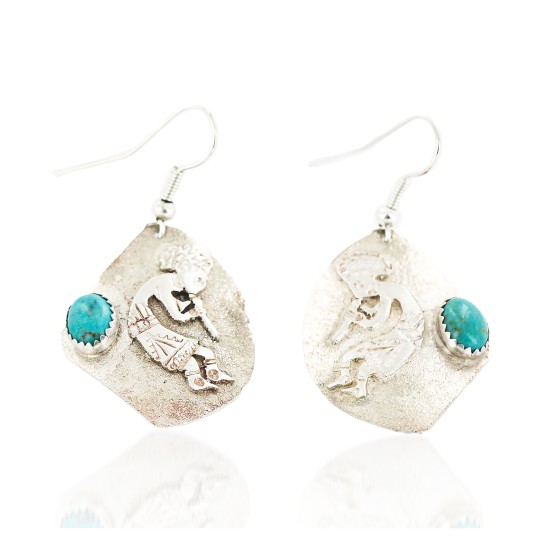 .925 Sterling Silver Handmade KOKOPELI Certified Authentic Navajo Natural Turquoise Dangle Native American Earrings 27177-3