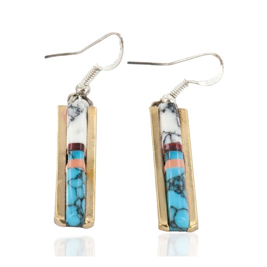 Nickel Handmade Certified Authentic Navajo Inlay Natural Turquoise Coral Native American Earrings 27184-1
