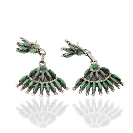 Handmade Certified Authentic Zuni .925 Sterling Silver Natural Turquoise Dangle Native American Earrings 27199
