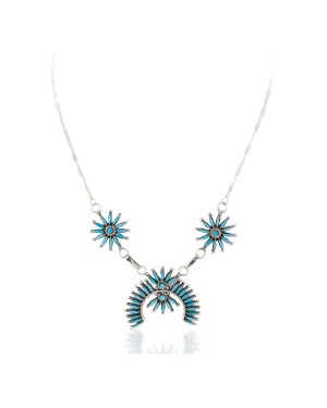 Petit Point Handmade Certified Authentic Zuni .925 Sterling Silver Natural Turquoise Native American Necklace 27203