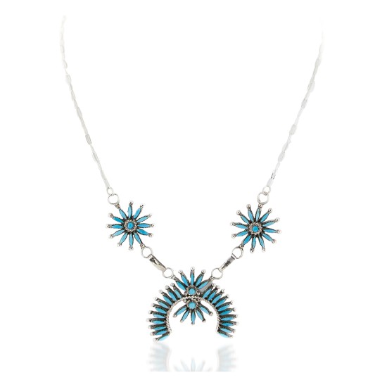 Petit Point Handmade Certified Authentic Zuni .925 Sterling Silver Natural Turquoise Native American Necklace 27203