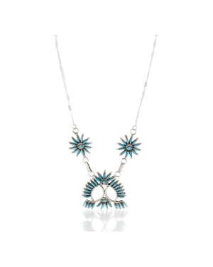 Petit Point Handmade Certified Authentic Zuni .925 Sterling Silver Natural Turquoise Native American Necklace 27204