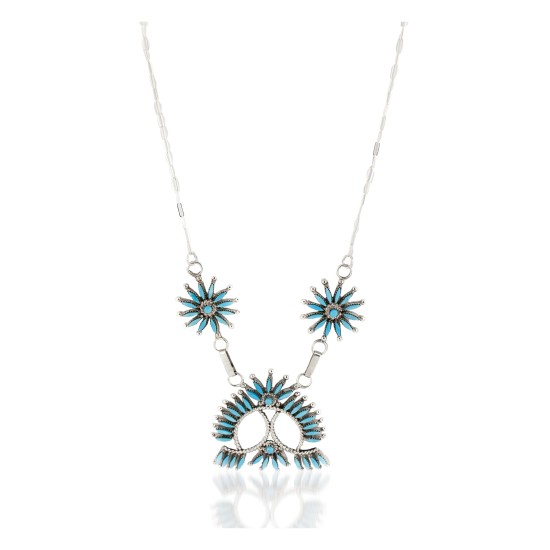 Petit Point Handmade Certified Authentic Zuni .925 Sterling Silver Natural Turquoise Native American Necklace 27204