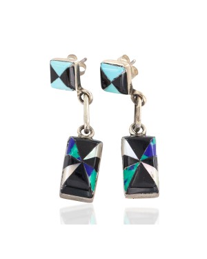 Inlay Handmade Certified Authentic Zuni .925 Sterling Silver Natural Turquoise Mother Of Pearl Black Onyx Dangle Native American Earrings 27213-1
