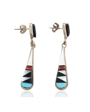 Inlay Drop Handmade Certified Authentic Zuni .925 Sterling Silver Natural Turquoise Mother Of Pearl Black Onyx Coral Native American Dangle Earrings 27213-3