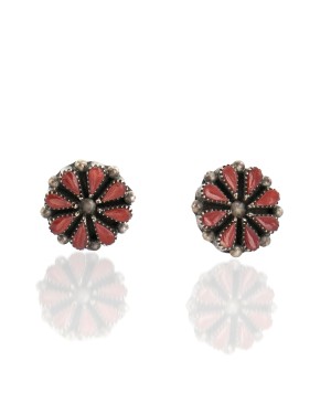 Handmade Certified Authentic Petit Point Flower Zuni .925 Sterling Silver Coral Native American Stud Earrings 27214-1