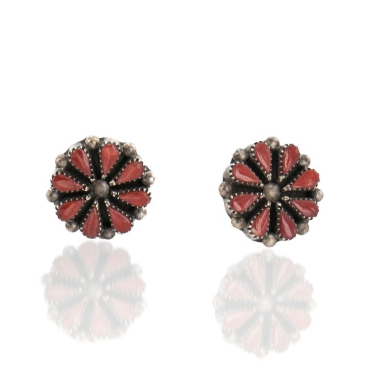 Handmade Certified Authentic Petit Point Flower Zuni .925 Sterling Silver Coral Native American Stud Earrings 27214-1