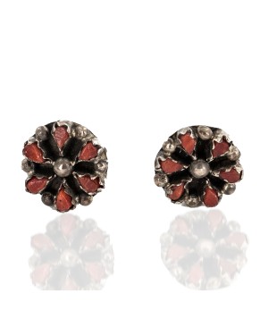 Certified Authentic Handmade Petit Point Flower Zuni .925 Sterling Silver Coral Native American Stud Earrings 27214-2