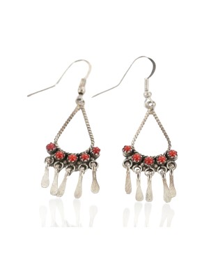 Handmade Certified Authentic Zuni .925 Sterling Silver Coral Native American Dangle Earrings 27214-4