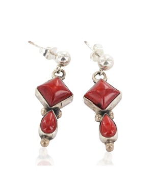 Certified Authentic Handmade Navajo .925 Sterling Silver Coral Native American Dangle Earrings 27216-3