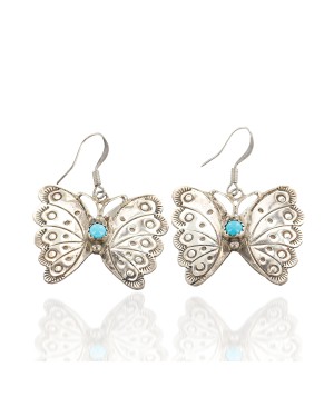 Certified Authentic Handmade Butterfly Navajo Signed .925 Sterling Silver Natural Turquoise Dangle Native American Earrings 27219