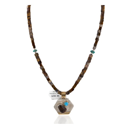 12kt Gold Filled and .925 Sterling Silver Handmade Certified Authentic Navajo Natural Tigers Eye and Turquoise Native American Necklace 740100-13-790100