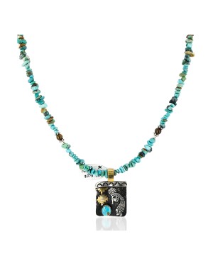 Kokopelli 12kt Gold Filled and .925 Sterling Silver Handmade Certified Authentic Navajo Natural Turquoise Purple Goldstone and Black Onyx Native American Necklace 740100-2-790100