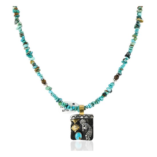 Kokopelli 12kt Gold Filled and .925 Sterling Silver Handmade Certified Authentic Navajo Natural Turquoise Purple Goldstone and Black Onyx Native American Necklace 740100-2-790100
