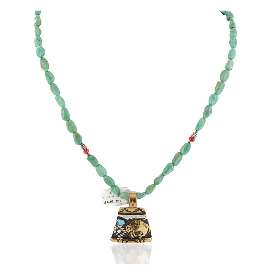 12kt Gold Filled .925 Sterling Silver Buffalo Handmade Certified Authentic Navajo Turquoise Coral Native American Necklace 740101-1-17019-3