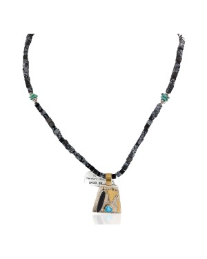 Arrow 12kt Gold Filled and .925 Sterling Silver Handmade Certified Authentic Navajo Natural Snowflake Obsidian Black Onyx and Turquoise Native American Necklace 740101-24-790101