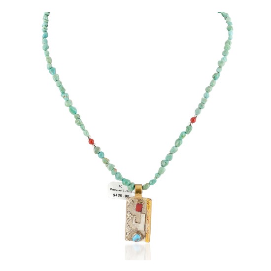 12kt Gold Filled .925 Sterling Silver Handmade Certified Authentic Navajo Turquoise Coral Native American Necklace 740101-47-17019-4