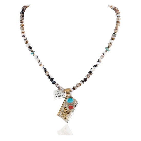 12kt Gold Filled and .925 Sterling Silver Handmade Eagle Certified Authentic Navajo Natural Turquoise Coral and Agate Native American Necklace 740102-35-790100 12kt Gold Filled and .925 Sterling Silver Handmade Eagle Certified Authentic Navajo Natural Turquoise Coral and Agate Native American Necklace 740102-35-790100